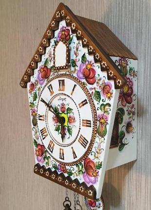 Часы с росписью, ходики настенные механические с кукушкой с боем ′цветы′2 фото