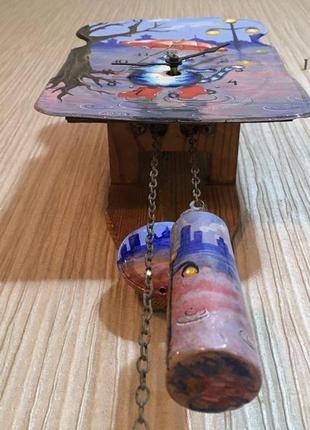 Расписные часы. часы с авторской росписью ходики настенные механические "котик с зонтом"7 фото