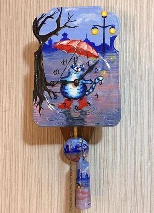Расписные часы. часы с авторской росписью ходики настенные механические "котик с зонтом"4 фото
