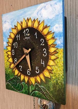 Годинник з авторським розписом, ходики настінні механічні соняшник2 фото