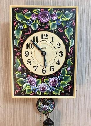 Розписні годинник. годинник з розписом 'квіти', ходики настінні механічні2 фото