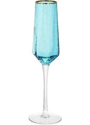 Набір 4 фужера monaco ice келихи для шампанського 200мл, скло блакитний лід з золотим кантом