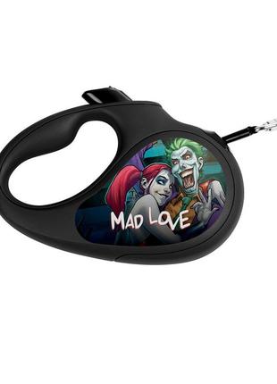 Поводок-рулетка для собак waudog r-leash, рисунок "сумасшедшая любовь", l, до 50 кг, 5 м, светоотражающая