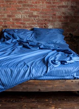 Комплект постельного белья из страйп сатина синего цвета, 💯 хоопок