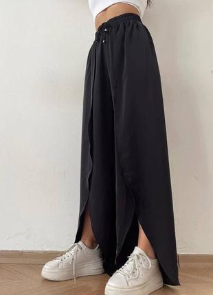Жіночі вільні чорні штани з розрізами по всій довжині софт2 фото