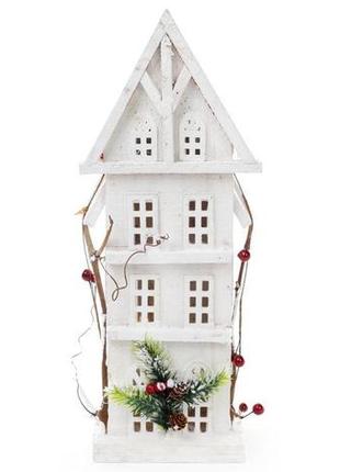 Декор "зимний домик" 41см, деревянный белый с led-подсветкой