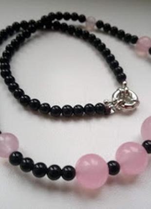 Бусы, ожерелье из черного агата и розового кварца1 фото