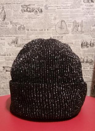 Стильна чорна шапочка з люрексом, подвійний трикотаж2 фото