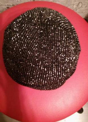 Стильна чорна шапочка з люрексом, подвійний трикотаж3 фото