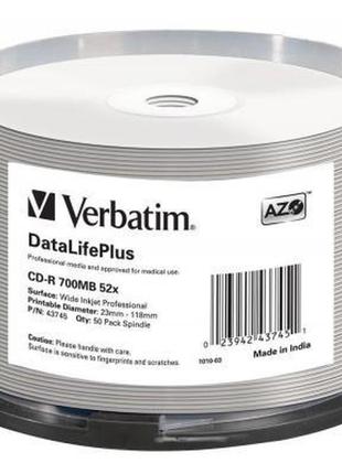 Диск cd verbatim cd-r 700mb 52x cake box printable (43745)