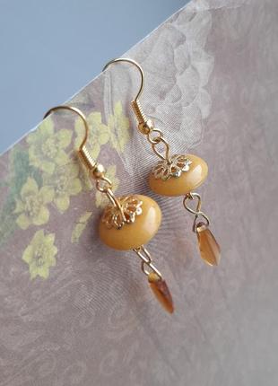 Серьги подвески жёлт висюльки золот ручн раб hand made провол стекл хрустал