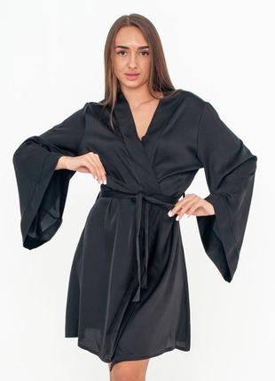 Чорний халатик з широким рукавом халат кимоно халат чорного кольору шовковий халатик атласний халатик