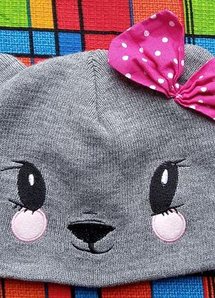 Детская акриловая шапочка с мордочкою и бантиком р.44-52 h&m двойная