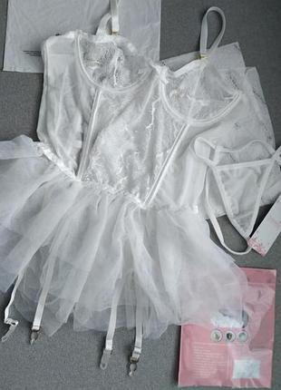 Белый корсет пенюар пеньюар подтяжки стринги юбка фатин пеньюары для невесты