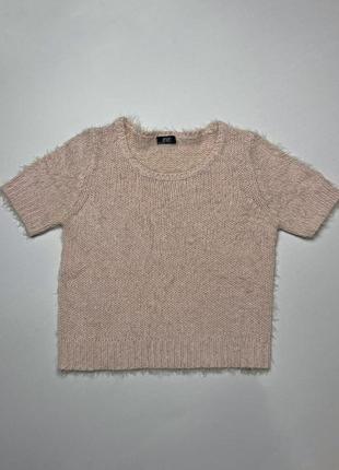 Нежно - розовый пушистый свитер (кофту) с коротким рукавом f&f