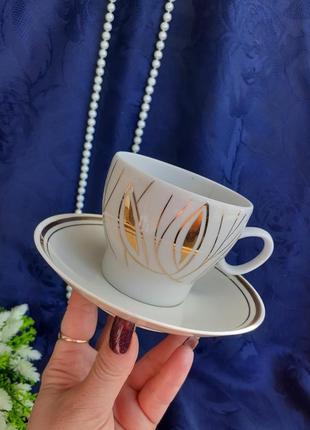 Чайная пара 👑🍂золотая осень арт-деко чашка с блюдцем минский фарфор городница комплект позолота