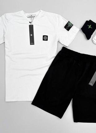 Мужской летний спортивный костюм в стиле stone island стон айленд футболка хаки шорты черные хлопковый двунитка ( xs-3xl )3 фото