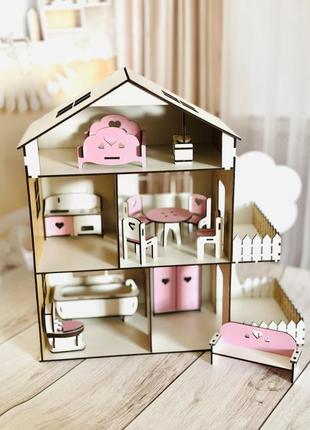 Дерев'яний самозбірний рожевий іграшковий будиночок для ляльок...7 фото