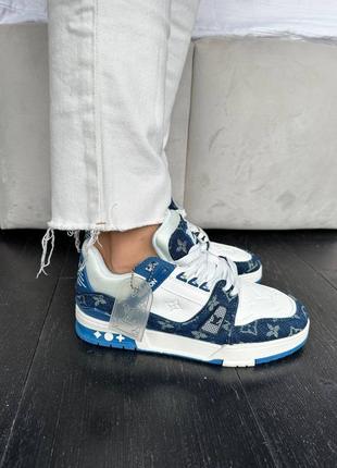 Кроссовки синие с белым в стиле louis vuitton trainer sneaker white / blue7 фото