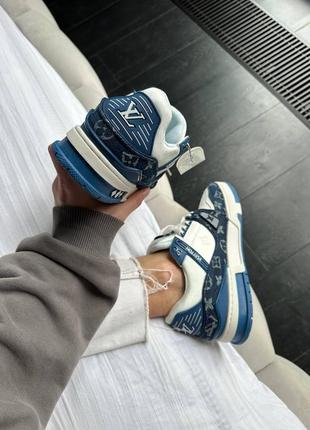 Кроссовки синие с белым в стиле louis vuitton trainer sneaker white / blue6 фото