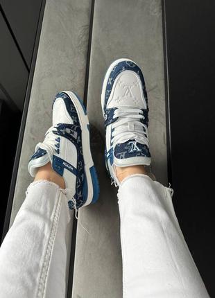 Кроссовки синие с белым в стиле louis vuitton trainer sneaker white / blue4 фото