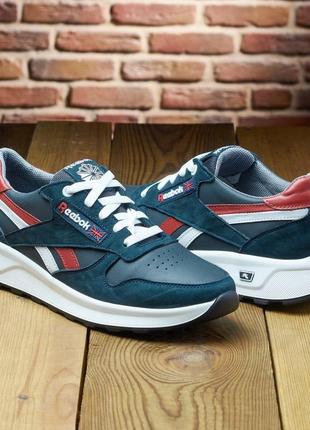 Кроссовки мужские с логотипом reebok из натуральной кожи синего цвета7 фото