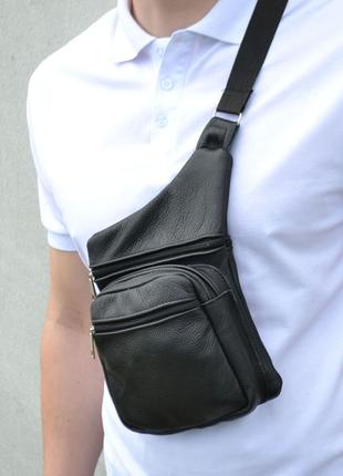 Чоловіча сумка з натуральної шкіри, тактична сумка - месенджер чорна, тактична сумка на груди1 фото