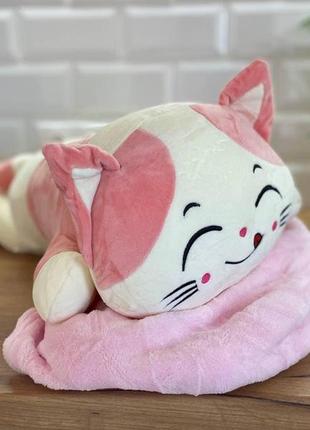 Іграшка подушка плед 3 в 1 котик 60 см сірий, пісочний, рожевий7 фото