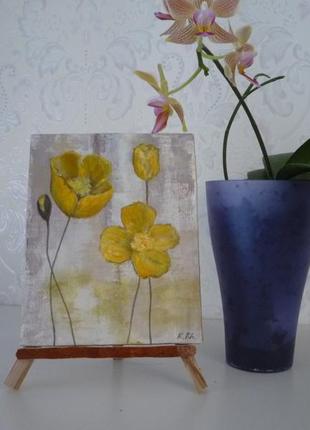 Маленька абстрактна картина "жовті квіти". акрил. полотно на двп3 фото