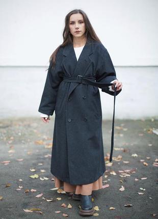 Брендовое длинное шерстяное пальто на поясе шерсть кашемир чёрное классическое оверсайз1 фото