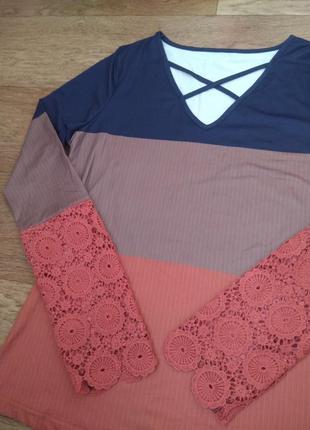 Стильный женский лонгслив футболка топ пуловер блуза трехцветная с длинным рукавом