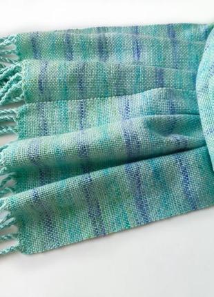 Тканий бірюзовий шарф з мериноса з бавовною2 фото