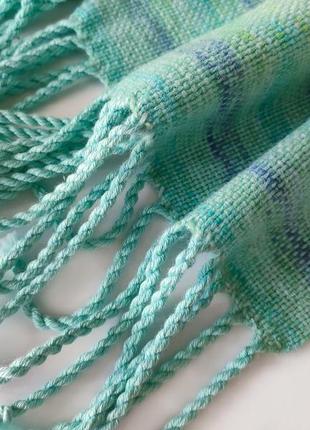 Тканий бірюзовий шарф з мериноса з бавовною8 фото