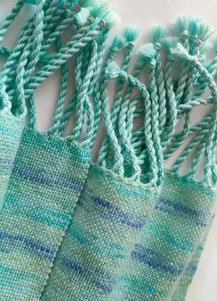 Тканий бірюзовий шарф з мериноса з бавовною6 фото