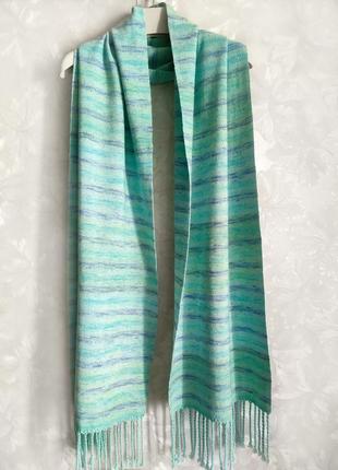 Тканий бірюзовий шарф з мериноса з бавовною7 фото