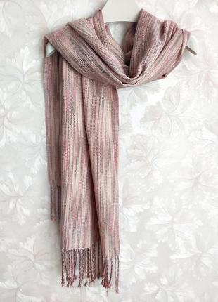 Тканий смугастий пудрово-рожевий шарф з мериноса5 фото