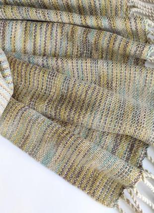Тканий смугастий гірчично-бежевий шарф з мериноса9 фото
