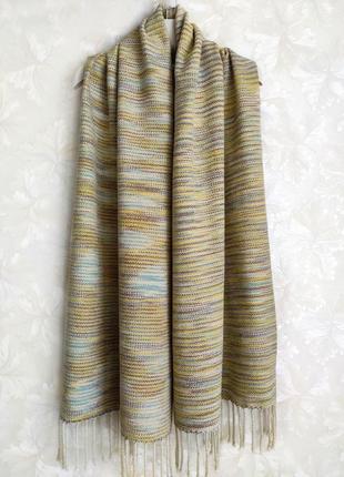 Тканий смугастий гірчично-бежевий шарф з мериноса3 фото