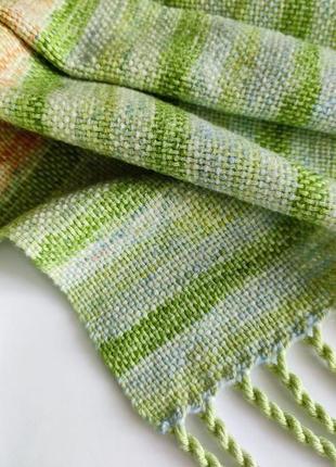 Тканий зелений шарф з мериноса з бавовною10 фото