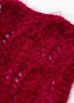 В'язаний вишневий мохеровий шарф з люрексом3 фото