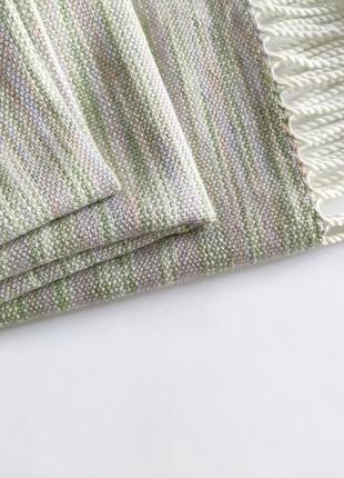 Тканий смугастий молочно-сіро-оливковий шарф з мериноса1 фото