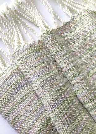 Тканий смугастий молочно-сіро-оливковий шарф з мериноса2 фото