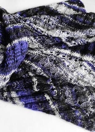 В'язаний смугастий блакитно-чорно-білий шарф з альпаки2 фото