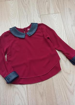 Классичня абордовая блуза с кожаным воротничком, на 3-4 года