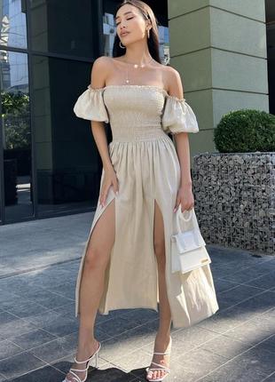 Романтична сукня з льону з розрізами6 фото