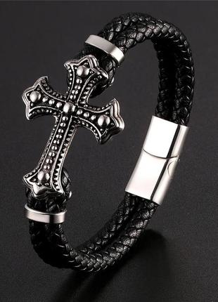 Браслет шкіряний вінтажний type d3 "хрест" 21 см сріблястий2 фото