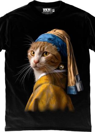 Футболка кот johannes vermeer - cat with a pearl earring - 9000288-black черная футболка унисекс1 фото