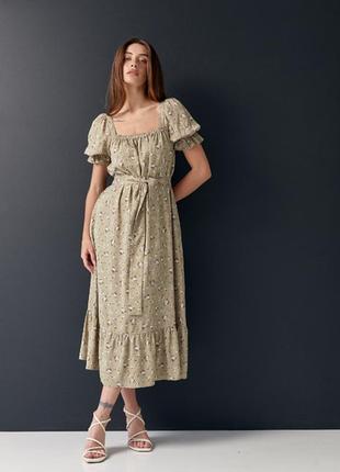 Платье из штапеля цветы на оливковом1 фото