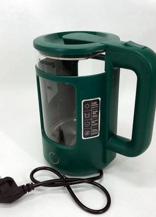 Електрочайник rainberg rb-2220 скляний дисковий прозорий. чайник із підсвічуванням 2200w. колір: зелений7 фото