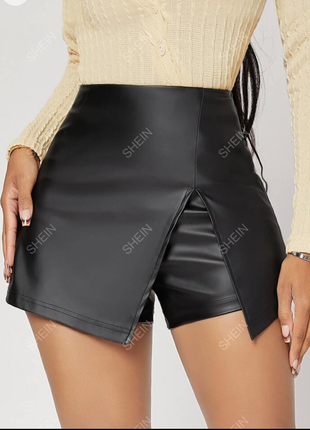 Новые актуальные кожаные шорты юбка на тонком флисе #125#1 фото